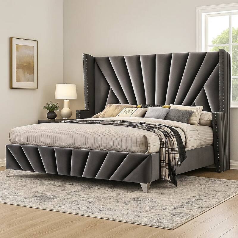 Ino Wingback King Bed, Nailhead Trim, Gray Tufted Velvet Upholstery