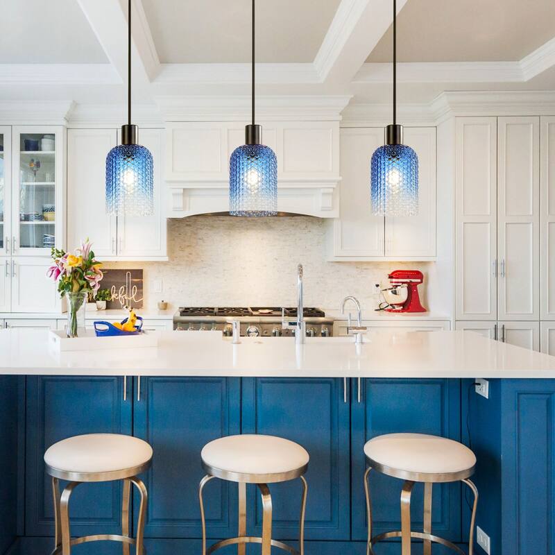 1/3-Light Modern Glam Bell-Shaped Adjustable Island Pendant Light with Clear/Blue/Amber Textured Glass