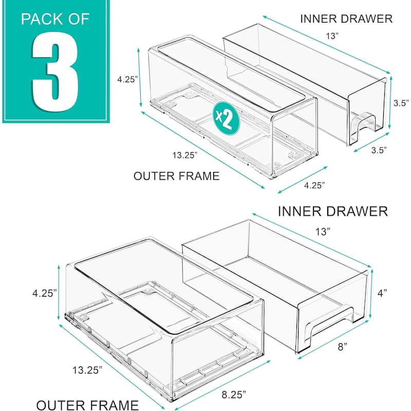 Sorbus Fridge Drawers Clear Stackable Pull-Out Refrigerator Food Kitchen Freezer Vanity - 1 Medium, 2 Small Bins (3 Pack)
