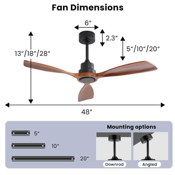 dimension image slide 1 of 17, Sofucor 42“/48"/ 52"/60"Noiseless Walnut Wood Ceiling Fan with Remote Control, Integrated Light Optional