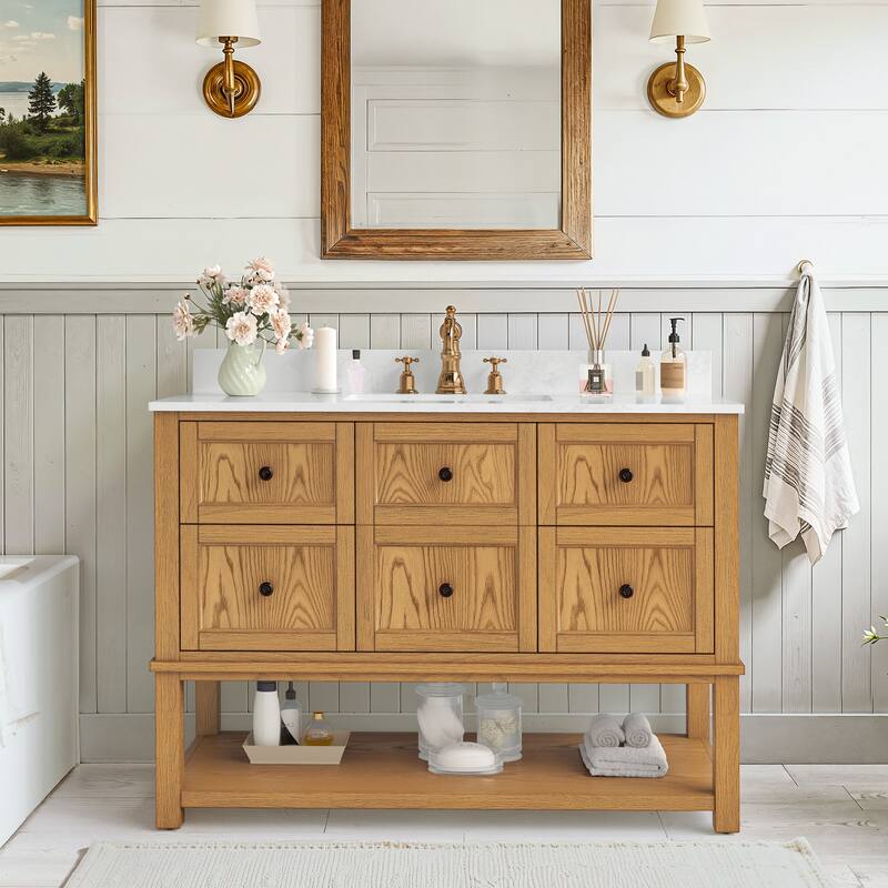 48" Bathroom Vanity with Sink, Marble Countertop Single Bathroom Vanity with 6 Drawers, White - 48" x 22"x 35" - Brown