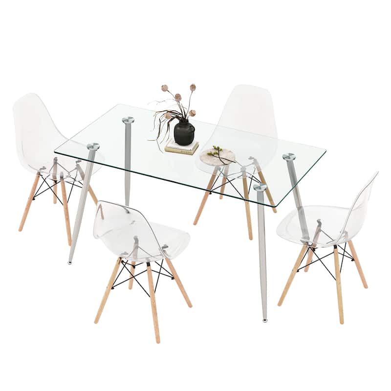 Costway 5 PCS Dining Table Set 51'' Modern Rectangular Glass Table & 4 - See Details - Silver + Natural + Transparent