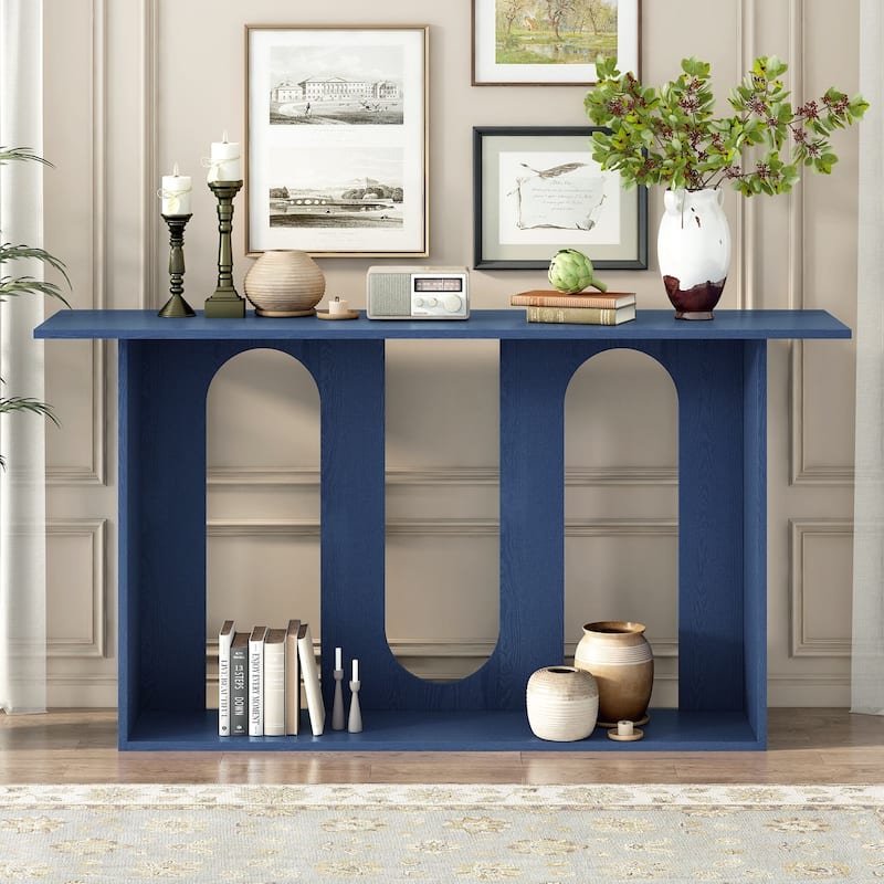 Modern and Curved Design Ash Veneer Console Table with Shelf,Suitable for Entryway,Hallway Living Room,Foyer - Blue