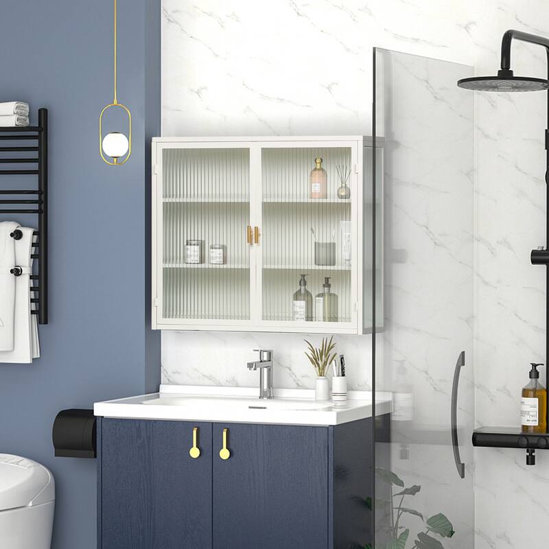 27.56" Glass Doors Modern 2-door Wall Cabinet with Featuring 3-tier Storage