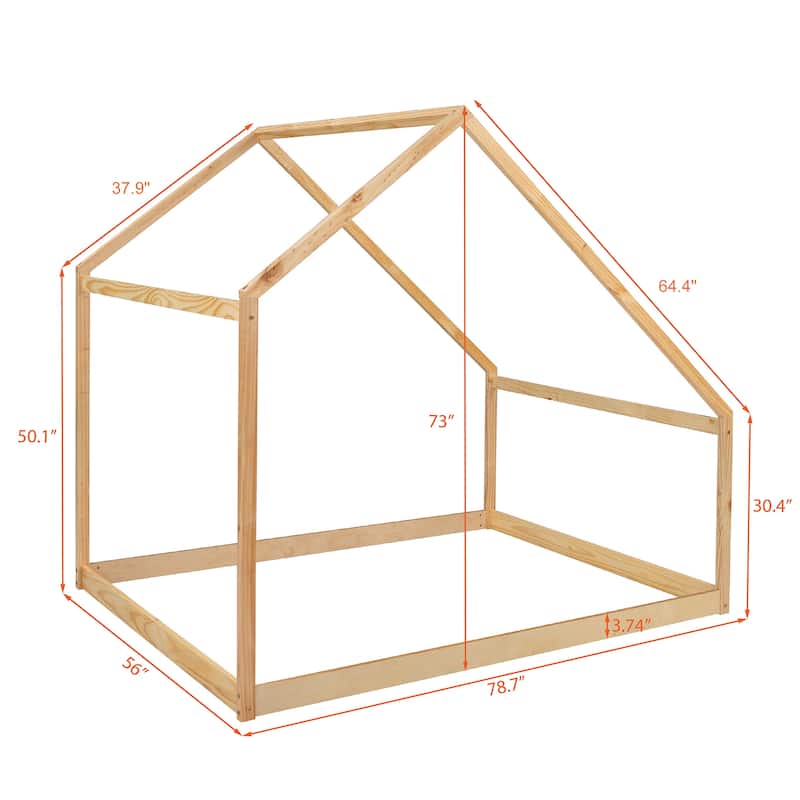 Solid Wood House Bed with Roof