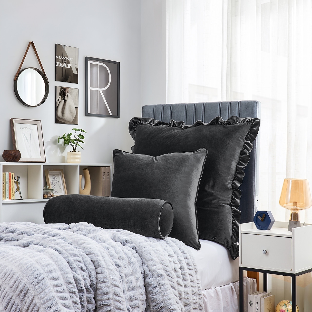 DormCo Rainha® Velvet Dutch Ruffled, Euro & Bolster Pillow Set