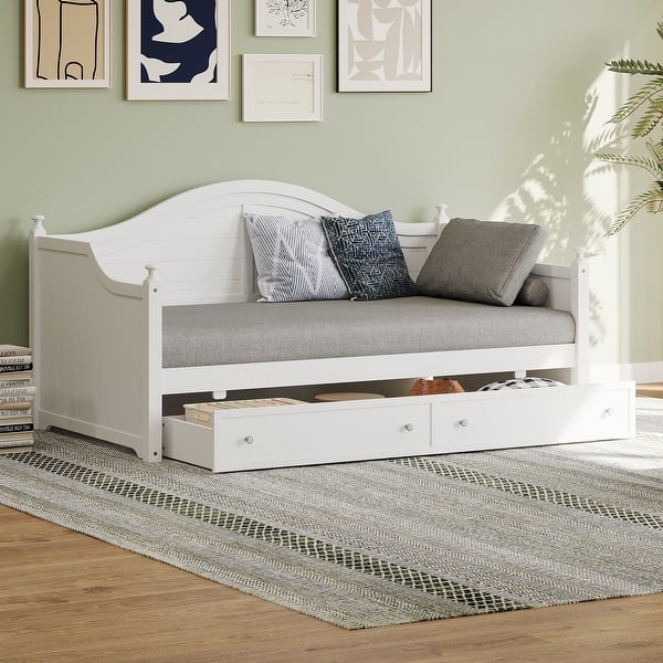 slide 2 of 8, White Wooden Twin Size Sofa Bed Daybed with 2 Storage Drawer White