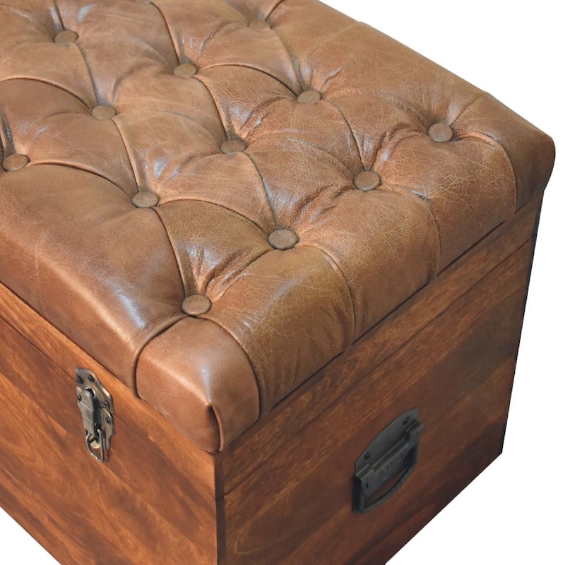 Artisan Furniture Solid Wood Buffalo Hide Chestnut Storage Trunk, Leather, Brown with storage - N/A