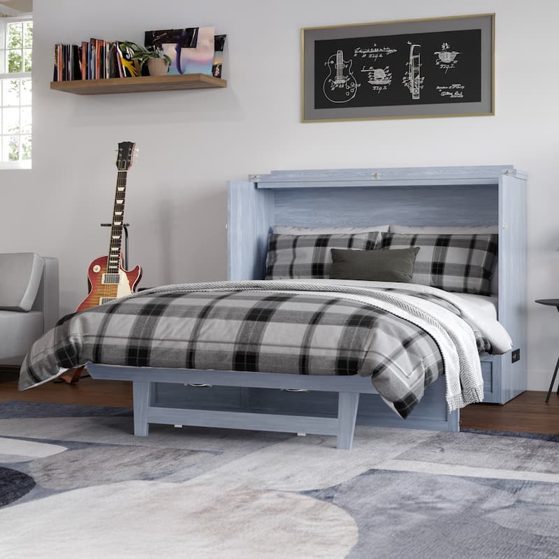 Northfield Full Murphy Bed Chest with 6" Mattress, Storage Drawer & Built-In Charger in Driftwood