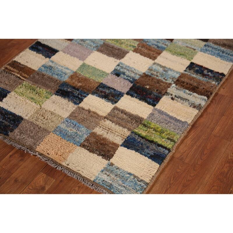 Checkered Moroccan Oriental Runner Rug Hand-Knotted Wool Carpet - 3'2" x 9'8"
