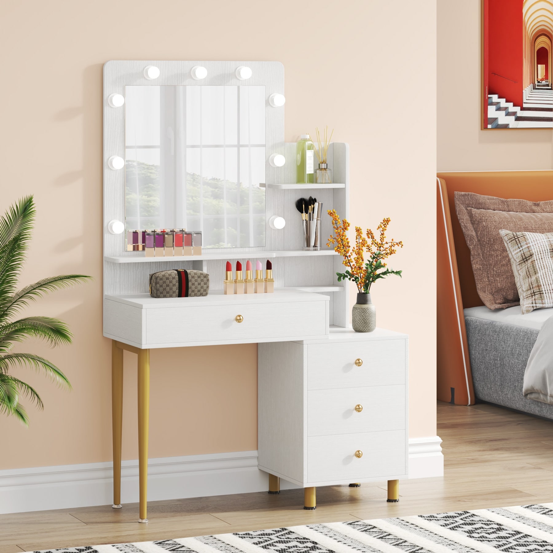 FUFU&GAGA Contemporary White Makeup Vanity Table with 9 Drawers