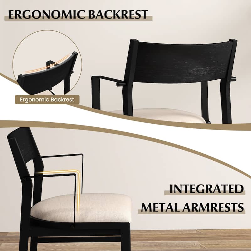 Set of 2 Dining Chairs with Rubber Wood Legs and Linen Upholstery Thick Cushion Metal Armrests - 23.5"L x 23"W x 33"H