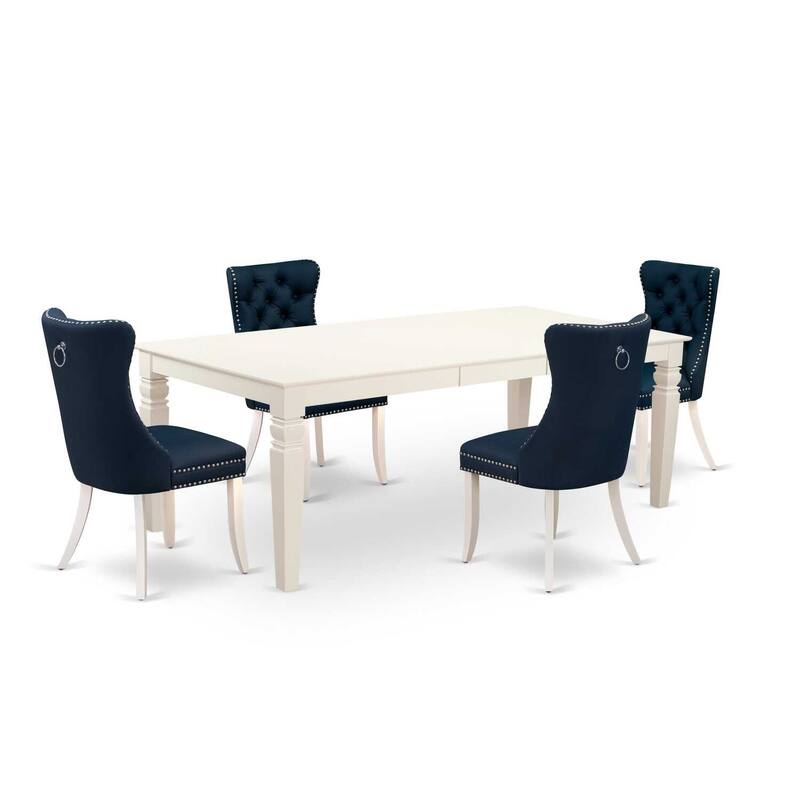 Modern 5 Piece Dining Set - Linen White Table & Navy Blue Chairs