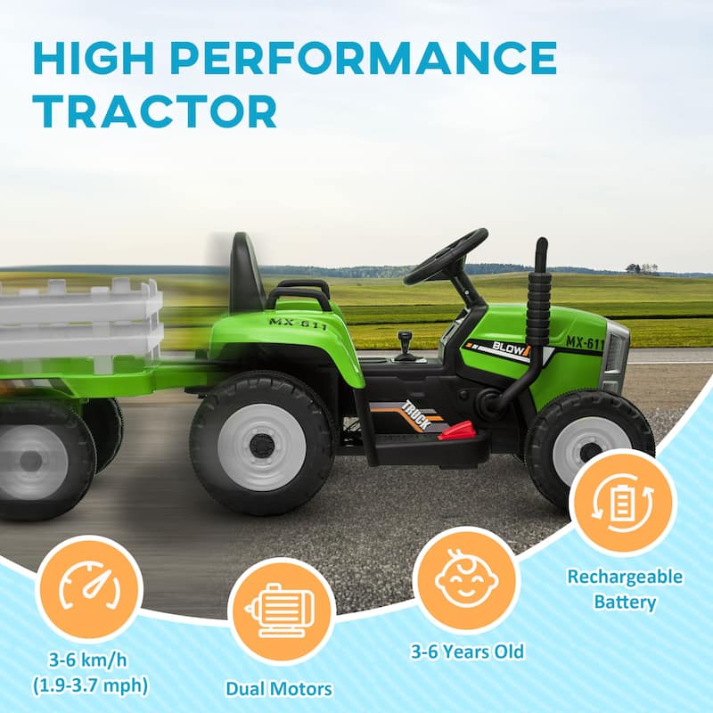 Aosom 12V Ride on Tractor with Trailer, 25W Dual Motors, Battery Powered Electric Tractor with Remote Control