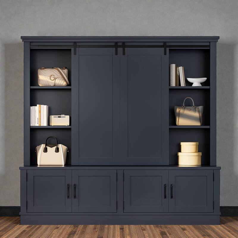 70.8 in Entryway Hall Cabinet with Sliding Barn Door, Multi-Tier Storage Shelves, 12 Compartments, Modern Mudroom Organizer - Blue