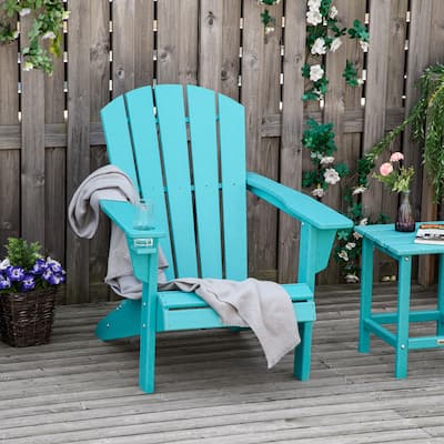 Outsunny Outdoor HDPE Adirondack Deck Chair, Plastic Lounger with Cup Holder, High Back and Wide Seat,