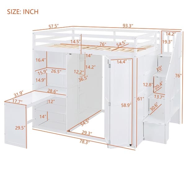 dimension image slide 1 of 2, Full Size Wood Loft Bed with Desk and Wardrobe,Three Foldable Shelves