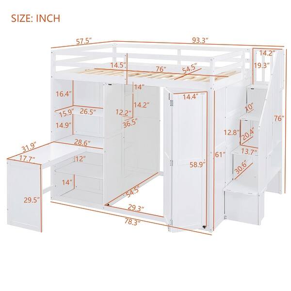 White Full Bunk Bed with Wardrobe, Desk & Shelves