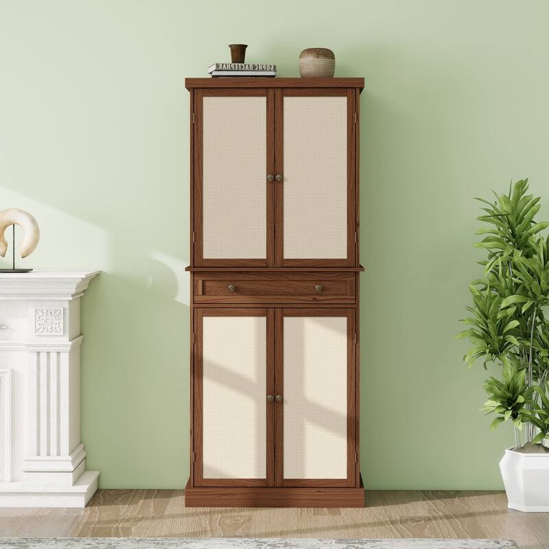 GDFStudio - TallRattan Modern Storage Cabinet with 4 Doors, 1 Drawer, and Adjustable Shelves - Walnut