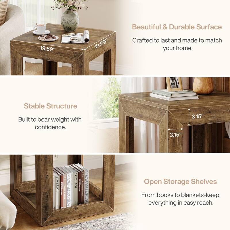 2-Tier Farmhouse End Table with Open Shelf, Wooden Accent Table for Living Room