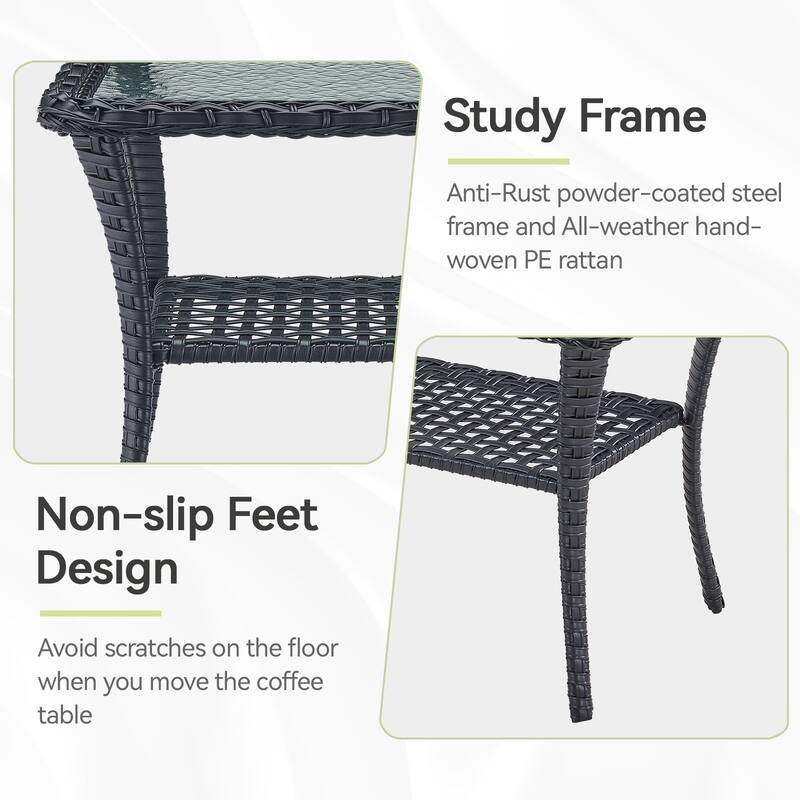 Outdoor Wicker Patio Coffee Table with Glass Top and Storage Shelf