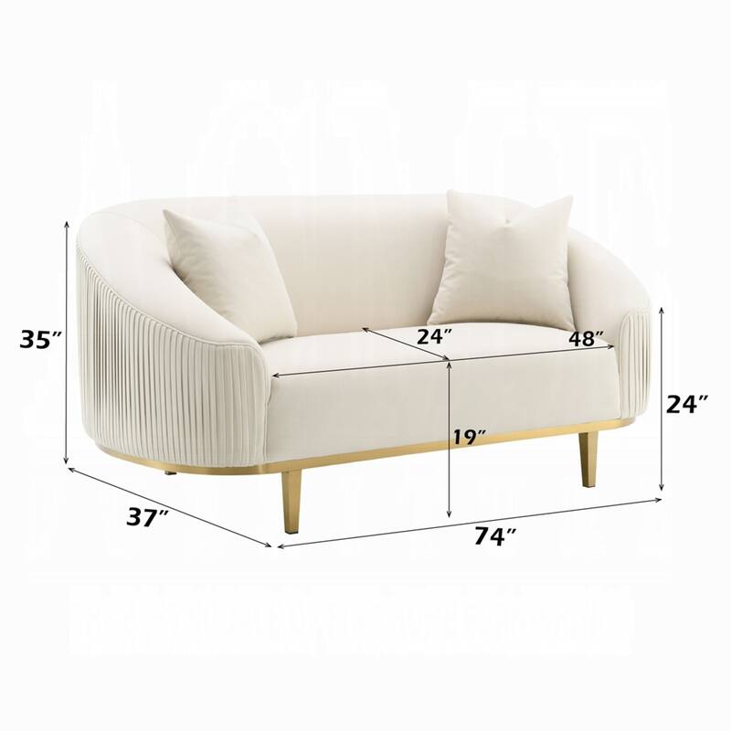 Artina Loveseat, 2 Accent Throw Pillows, Ivory Velvet and Gold 74 Inch