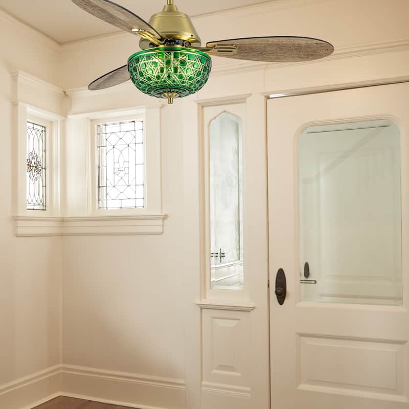 Izzy River of Goods 3-blade 42-inch Modern Indoor Ceiling Fan with Green Hand-Cut Glass Shade and Remote Control