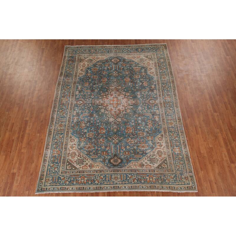 Blue Distressed Tabriz Vintage Persian Rug Hand-Knotted Wool Carpet - 8'1" x 11'2"