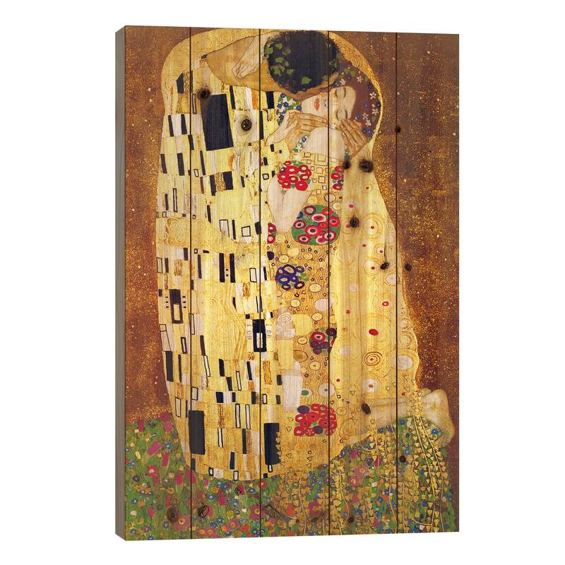 The Kiss Print On Wood by Gustav Klimt - Multi-Color - 26x18x1.5
