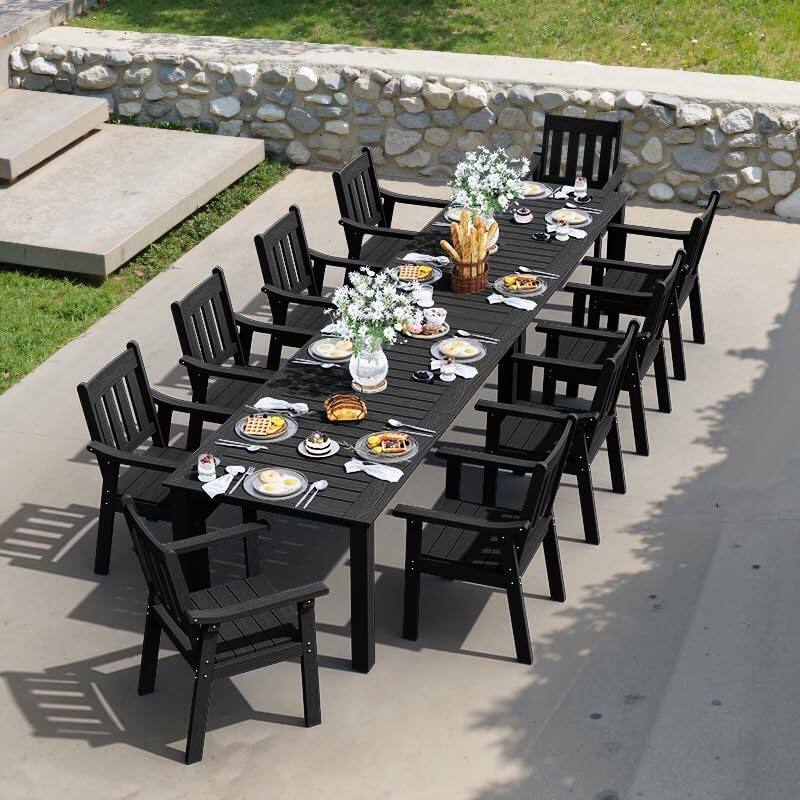 WINSOON 12-Piece HIPS All Weather Outdoor Patio Dining Sets with Umbrella Hole& Aluminum Frame,2-Table 10-Chairs - Black