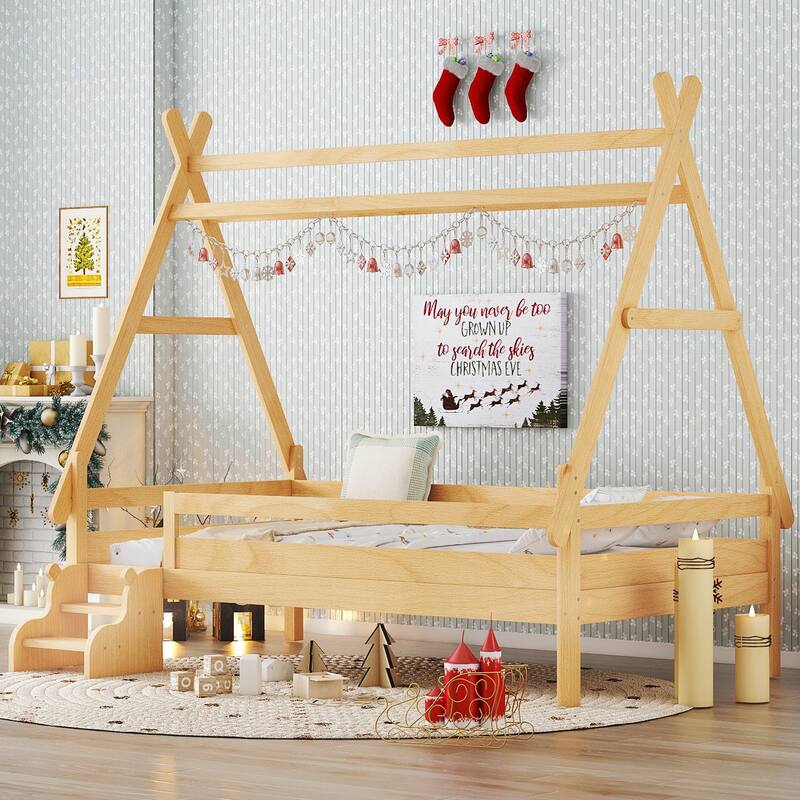 Roomfitters House Platform Bed with Stairs, Solid Wood Low Profile Frame with Roof Design for Playroom
