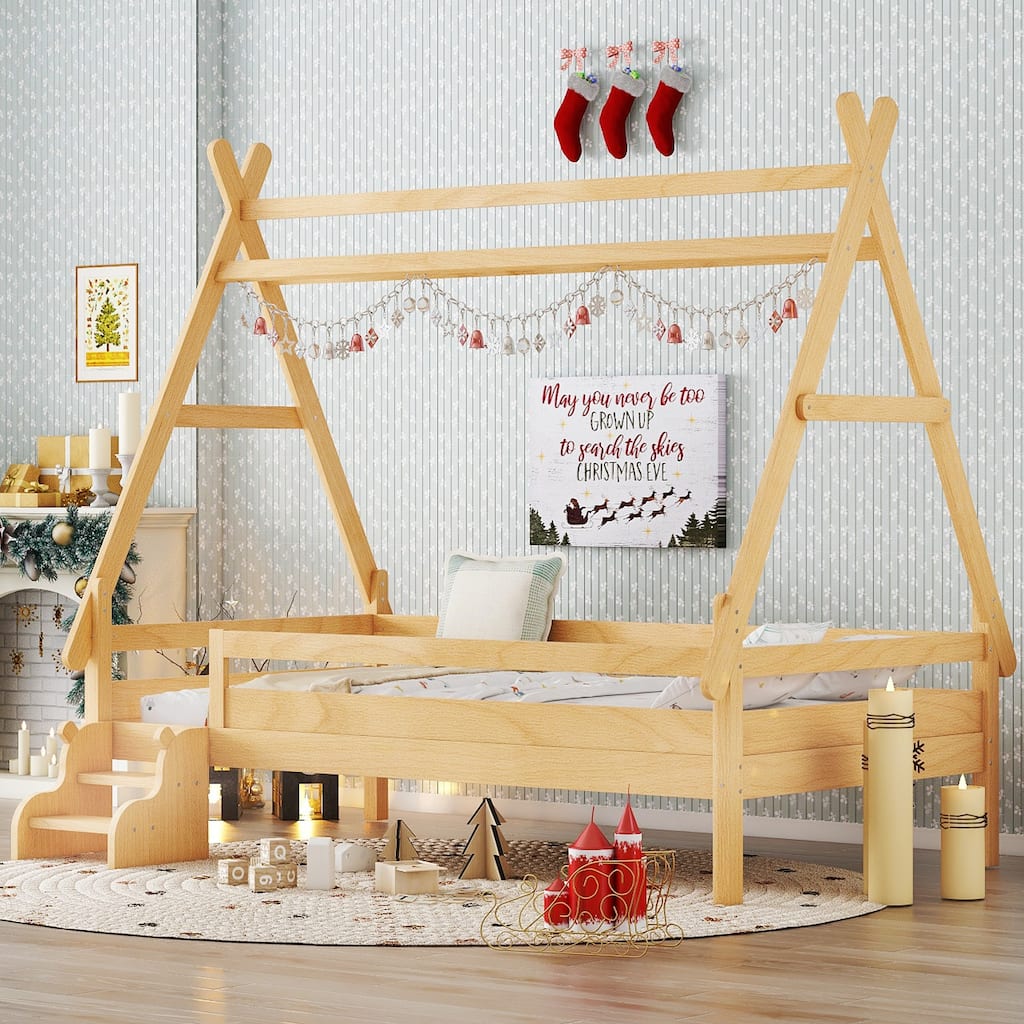 Twin House Platform Bed with Stairs, Solid Wood Twin Bed Frame, Low Profile and Childlike Fun Design