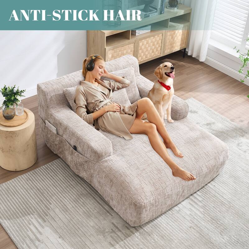 Chenille Lazy Sofa Chaise Lounge with Pillows - Convertible Armchair with Armrests, Multi-Position Sleeper for Living Room