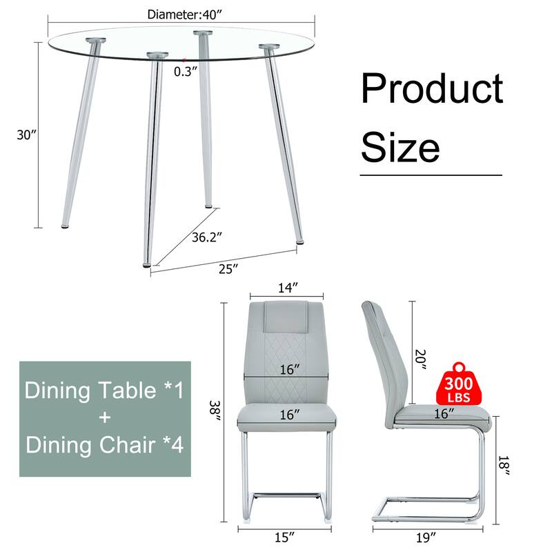 Modern 5-Piece Dining Set with Round Glass Top & 4 PU Upholstered Chairs