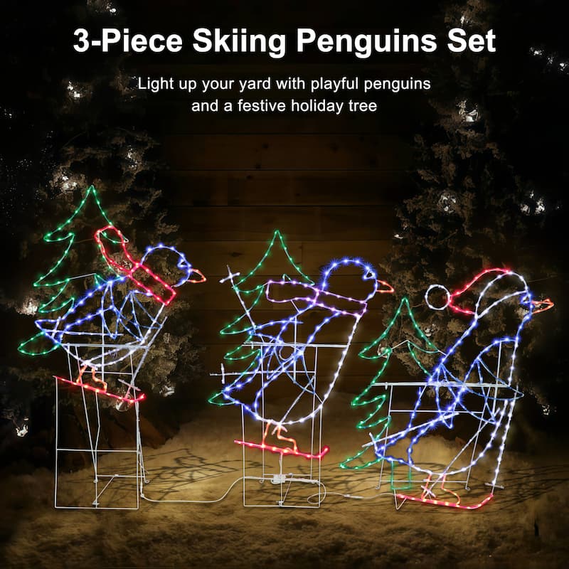 Puleo International Set of 3 Skiing Penguins with Tree Christmas Outdoor Decor - White
