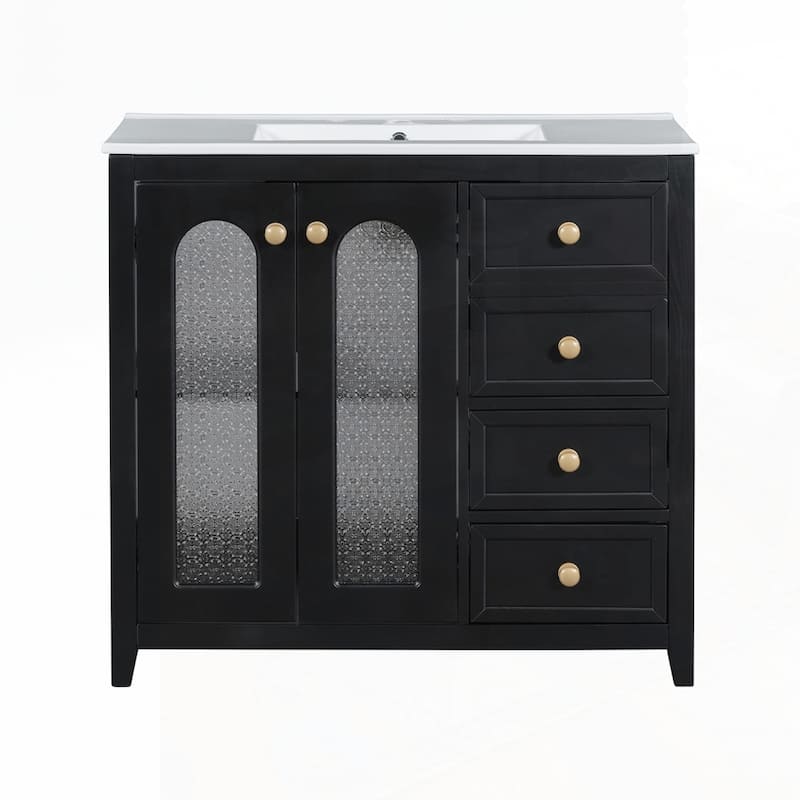 bathroom vanity with two soft close doors and adjustable shelves