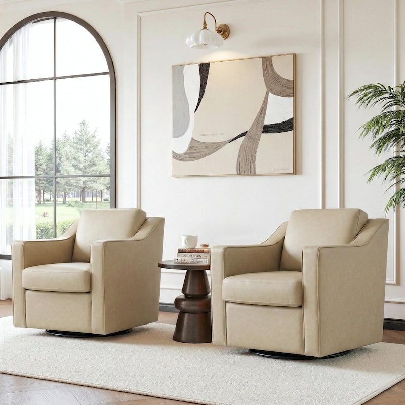 Chenille/Leather Swivel Barrel Chair(Set of 2) Modern Club Chair by UIXE - Faux Leather - Cream