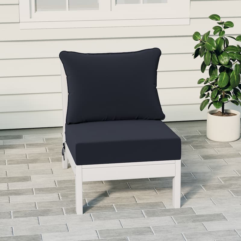 Birchwood All Weather HDPE Outdoor Patio Deep Seating White Armless Chair With Cushions (1-Piece) - White/Navy Blue