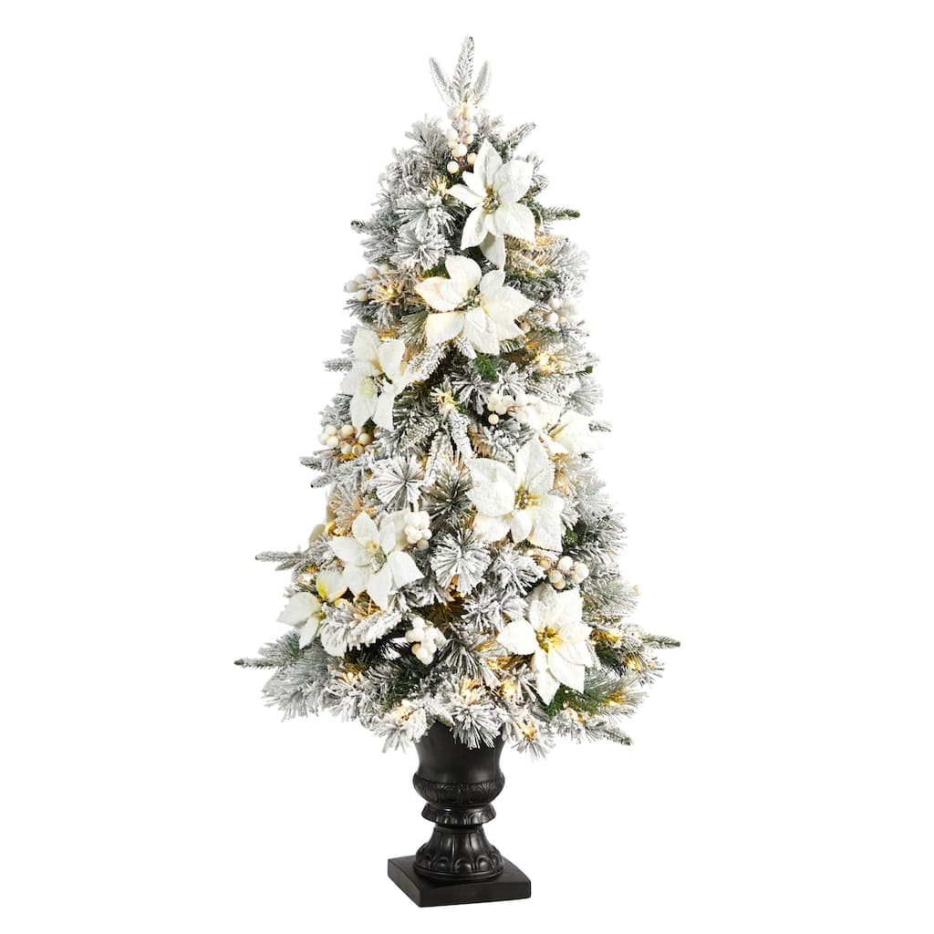 4ft. Flocked Artificial Christmas Tree with 223 Branches & 100 Warm Lights in Decorative Urn - Snowy Holiday X-Mas Glow