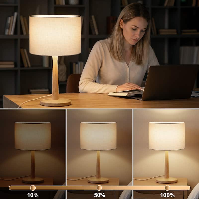 16.3" Modern Table Lamp with Natural Wood Base, Linen Fabric Drum Shade for Bedroom, Living Room, Nightstand