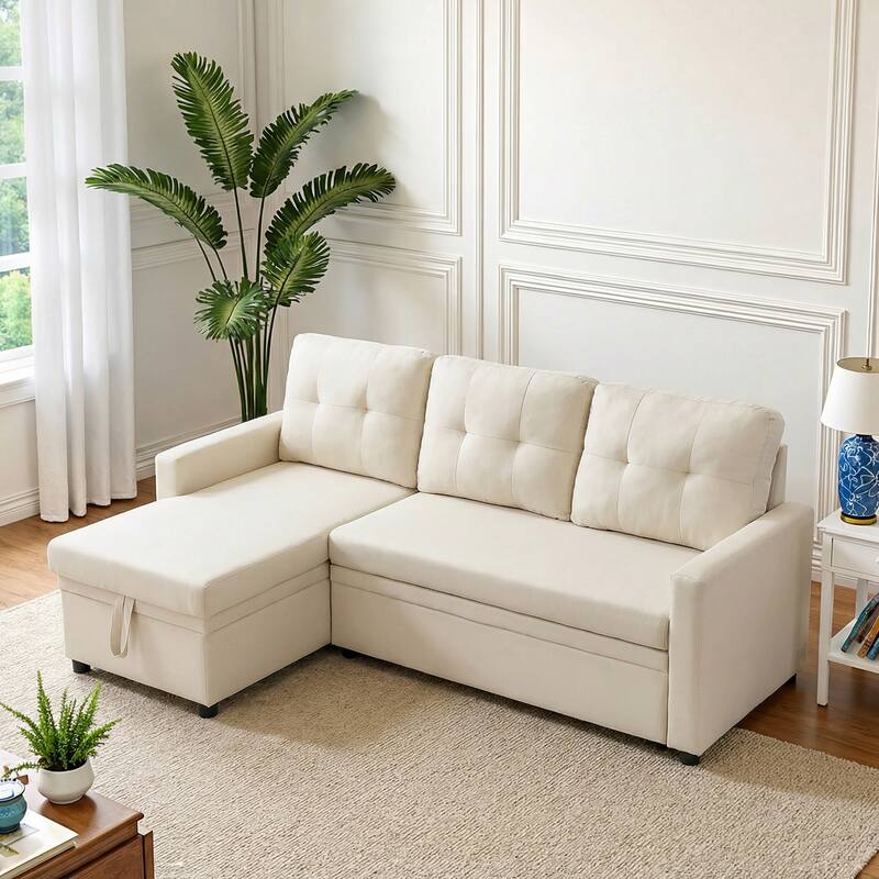 Tufted Convertible Corduroy/ Linen Modular Sectional Sofa with Storage Chaise - Linen-Beige