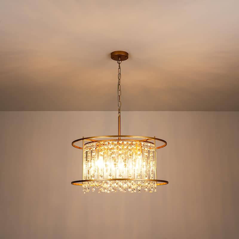 5-Light Glam Gold Chandelier with Drum Metal Frame and Crystal Accents - 23.2 in. W x 20.5 in. H