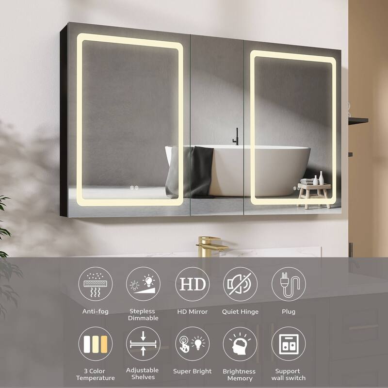 ZEAFIVE LED Black Bathroom Medicine Cabinet Surface Mount Defog Medicine Cabinet 3 Lights Dimmable