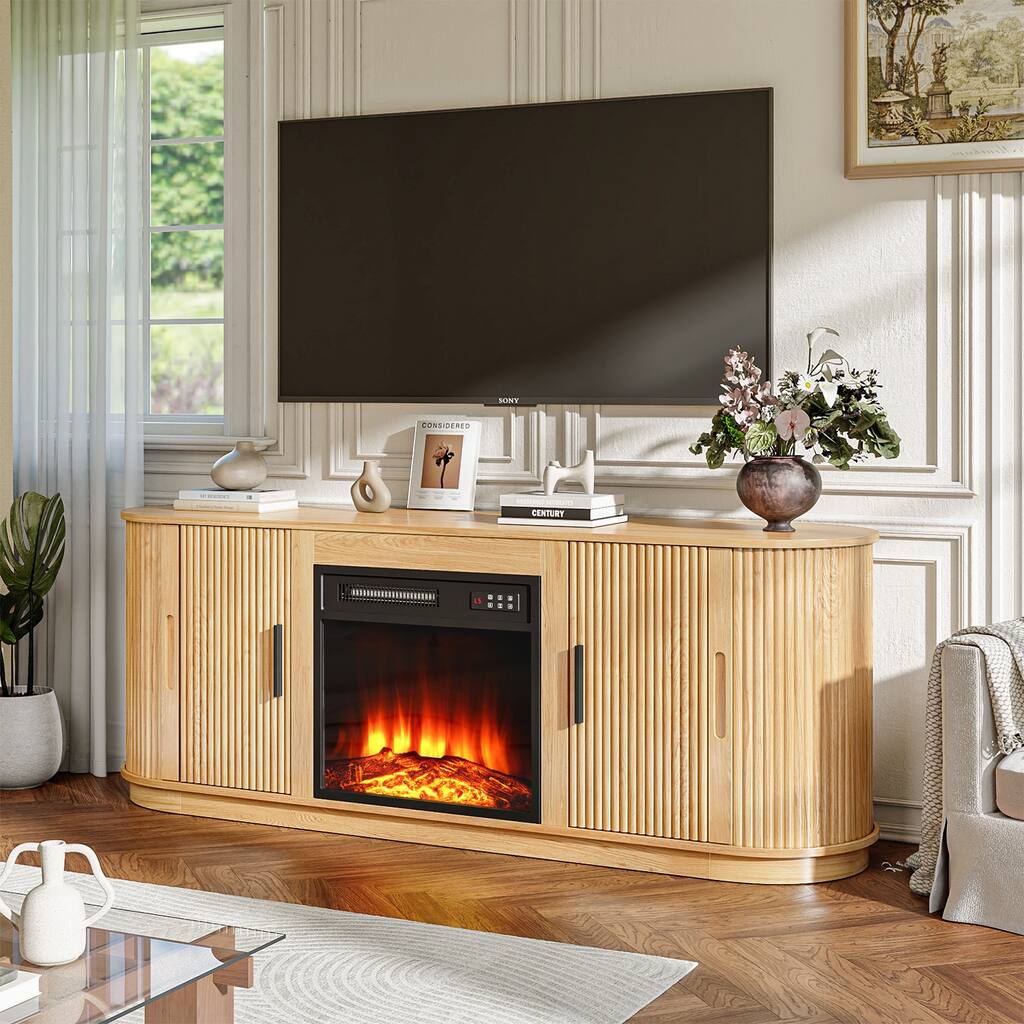 BOSSIN 60"Modern Electric Fireplace TV Stand with Fluted Panels, Adjustable Shelves, 5-Level Flame Brightness for TVs up to 70"