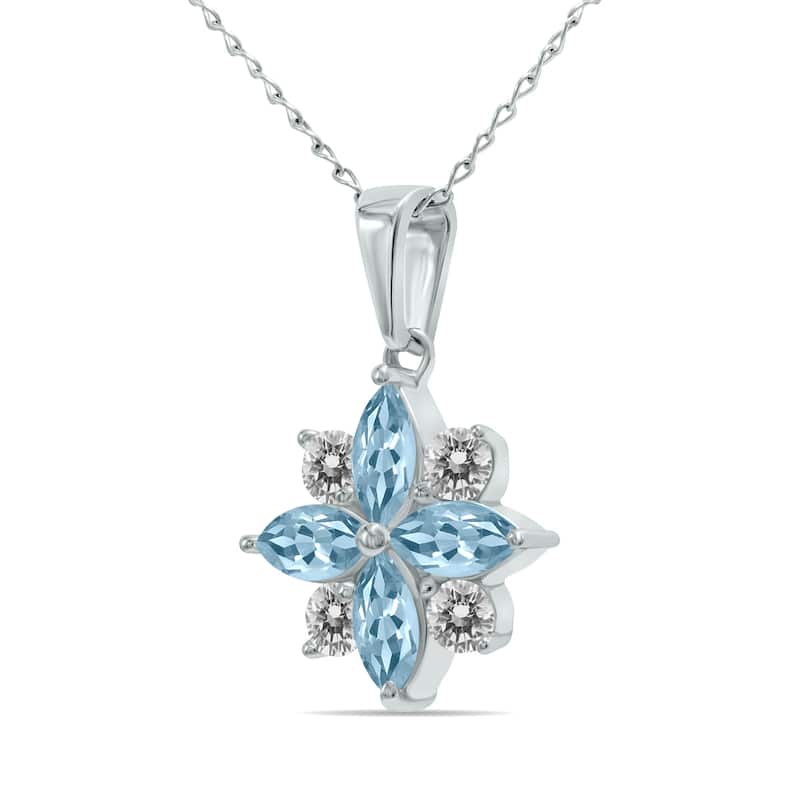 Marquee Jewels 3/4 Carat TW Aquamarine and Diamond Flower Pendant in 10K White Gold