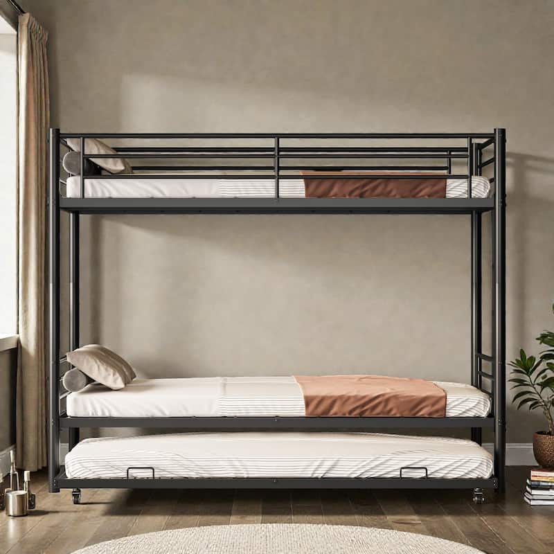 Twin Over Twin Metal Bunk Bed with Trundle, Convertible 2-in-1 Design, Non-Slip Ladder and Safety Rails