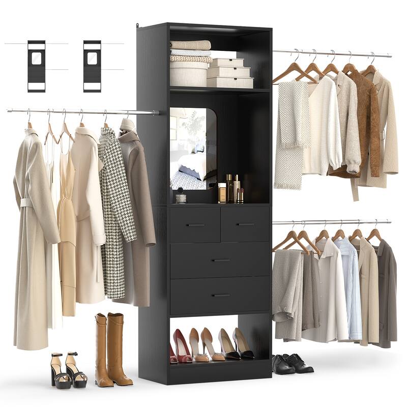 25'' - 96" W Closet System with 4 Wooden Drawers and Mirror, Walk-in Closet Organizer Kits with 3 Extendable Hanging Rods