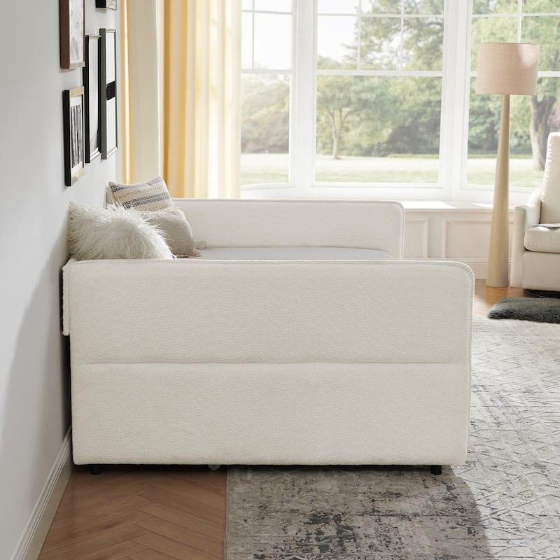 Boucle Fabric Daybed with Trundle Upholstered Tufted Sofa Bed