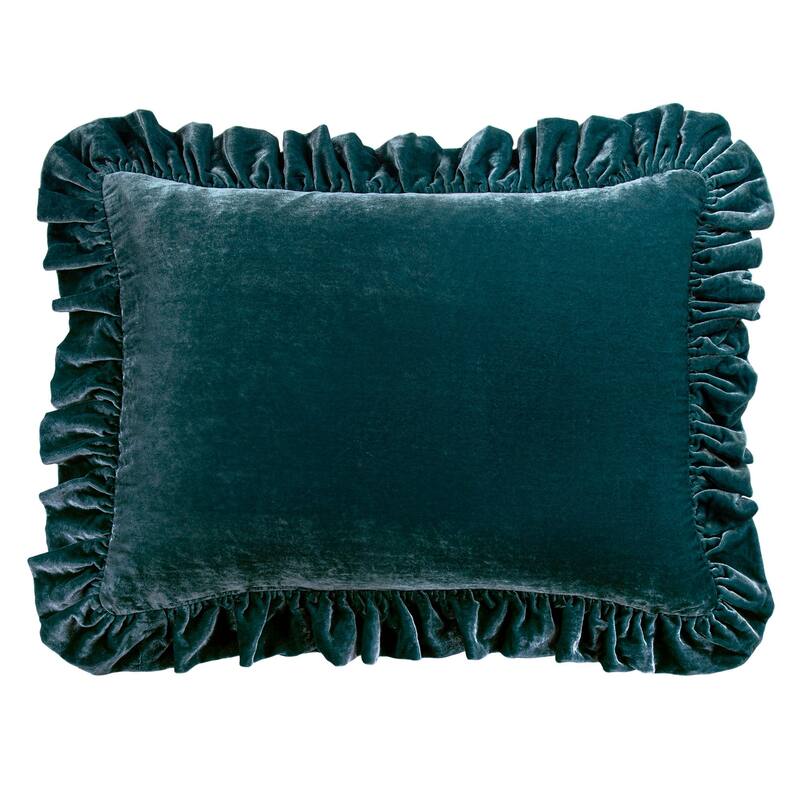 HiEnd Accents Stella Faux Silk Velvet Romantic Western Ruffled Dutch Euro Pillow, 27x39 inch - Storm Blue