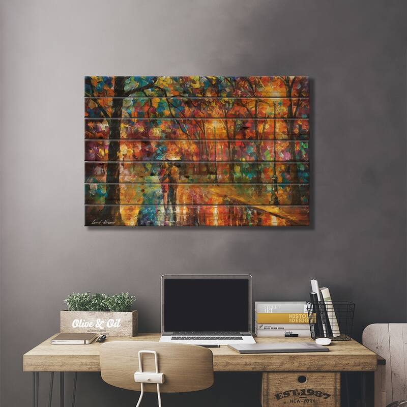 Walking In The Rain Print On Wood by Leonid Afremov - Multi-Color